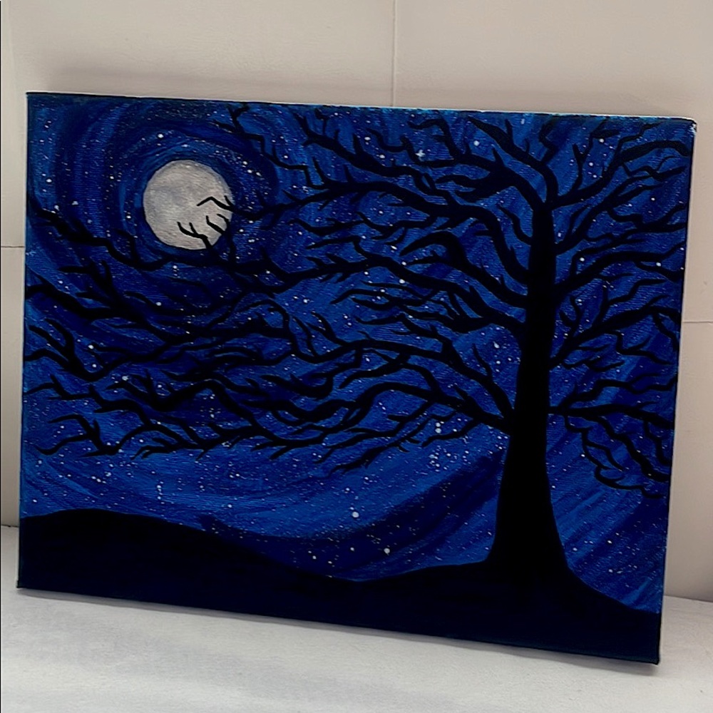 Night sky with dark tree painting